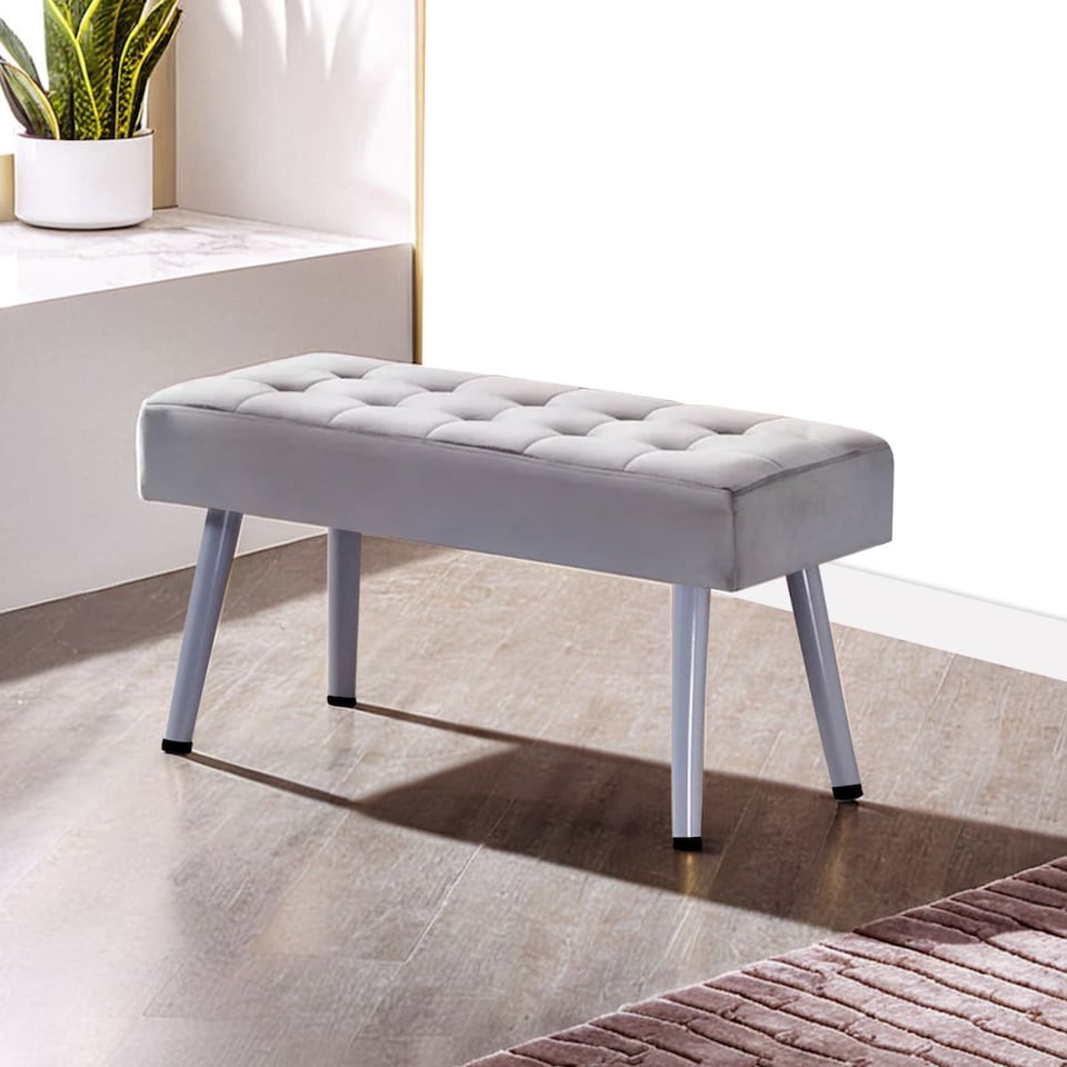 image 1 of Grey Velvet Padded Dining Bench with Metal Legs 90 cm Length, Dining Room Furniture