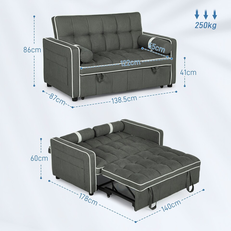 image 1 of HOMCOM 2 Seater Pull Out Sofa Bed Adjustable Backrest, Charcoal Grey Grey