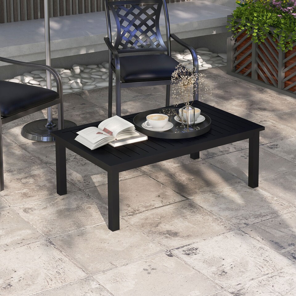 image 1 of Outsunny Aluminium Outdoor Coffee Table Patio Table with Slat Top, Black