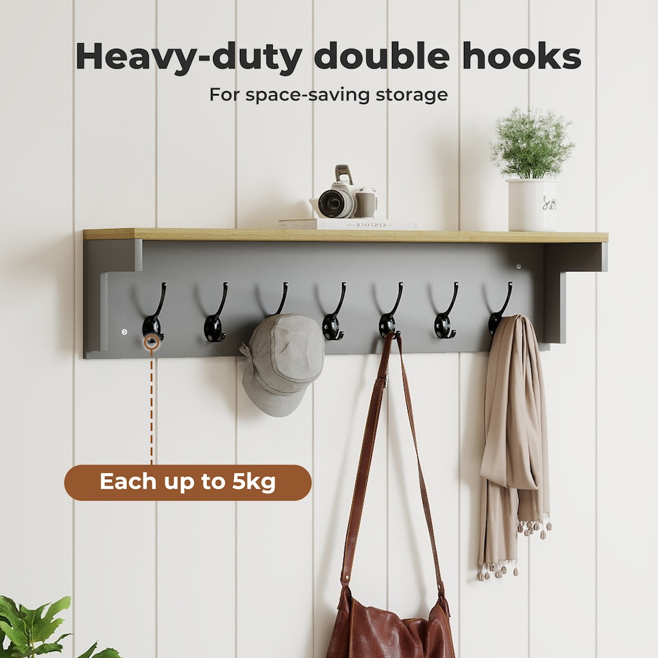 image 1 of levede Coat Rack Wall Mounted Shelf 7 Double Hooks Storage Entryway Hallway | Grey | Grey | One Size