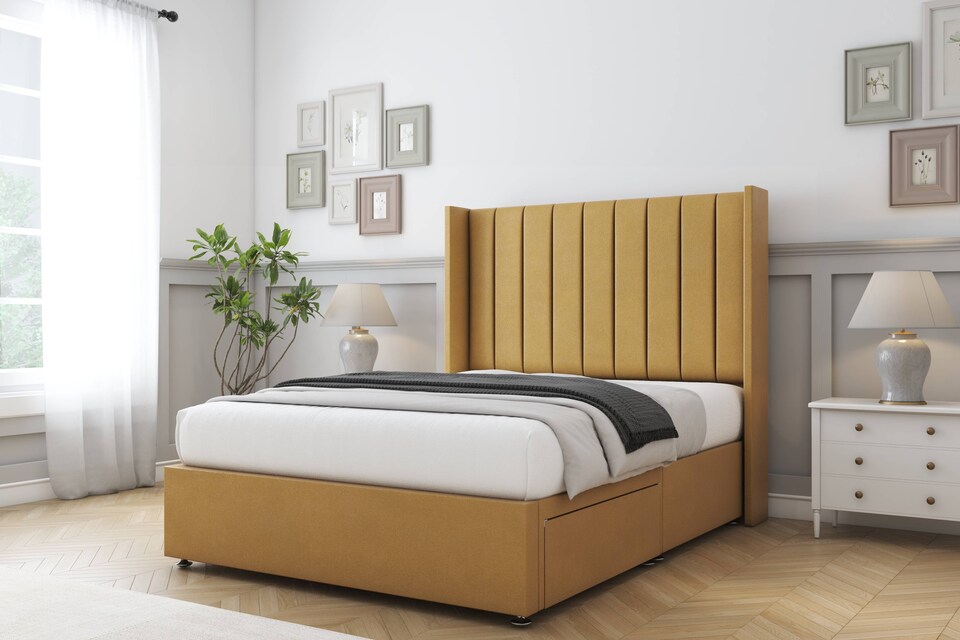image 1 of Sloomy Falcon Mustard Plush Divan Bed Base 2 Drawers Foot-End With 54 Inch Wingback Headboard | Gold | Mustard | Super King | 1