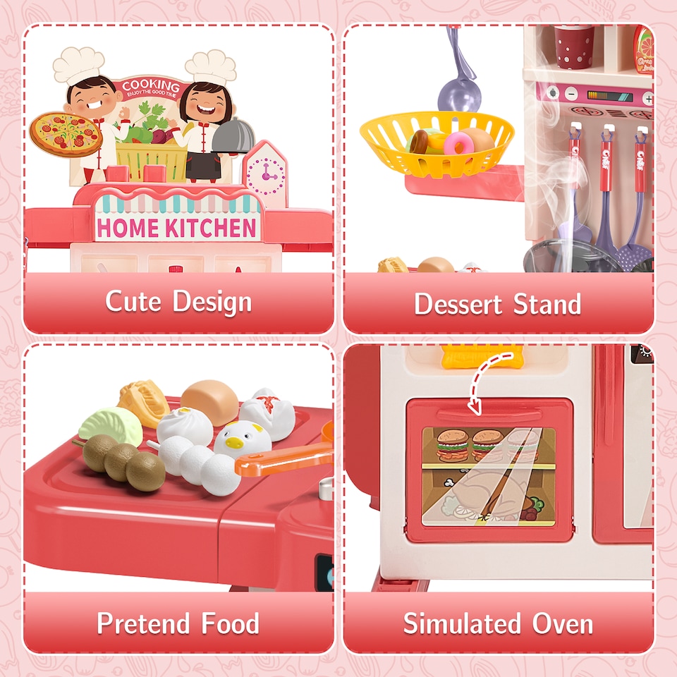 image 1 of Realistic Kitchen Play Set for Toddlers Steaming Spray Lights Cooking Sounds Pretend Role Play (Pink)