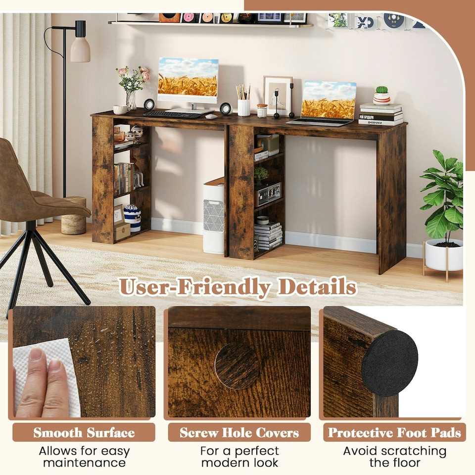 image 1 of COSTWAY Computer Desk Wooden Writing Desk w/Bookshelf Brown