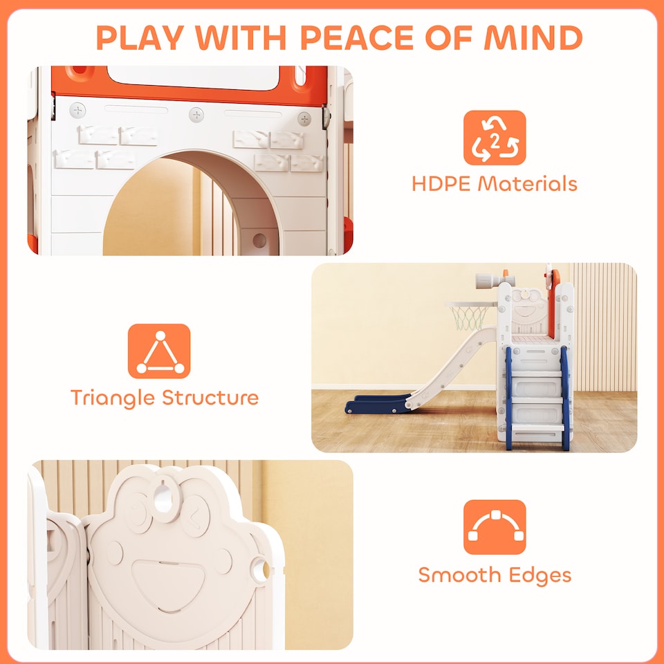 image 1 of AIYAPLAY 7 in 1 Toddler Slide Set, Frog Theme Playset with Basketball Hoop | Orange | Orange & White | 176L x 150W x 94H cm