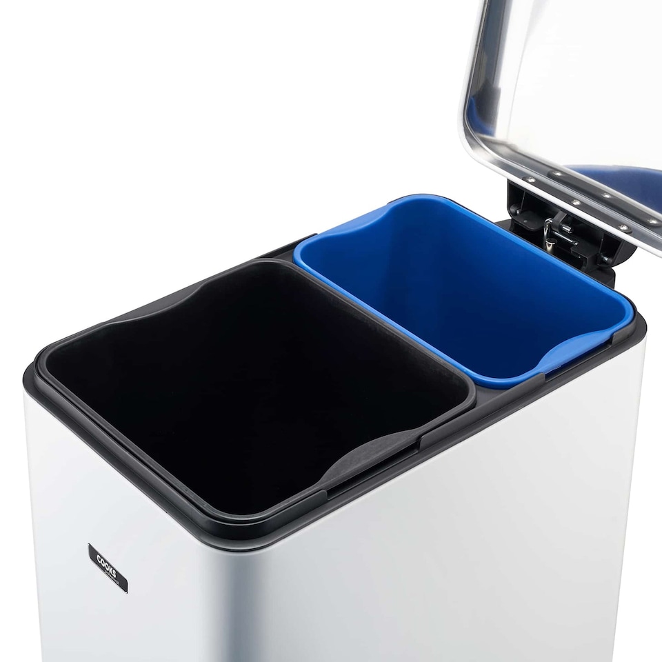 image 1 of Cooks Professional Slimline Dual Recycle Pedal Bin 50L - 2 Compartments & Soft Close Lid | White