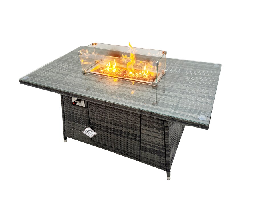 image 1 of Fimous 7-seater Patio Gas Firpit Dining Table Sofa Sets Rattan Garden Furniture Dining Set with 2 Big Stools Dark Grey Mixed