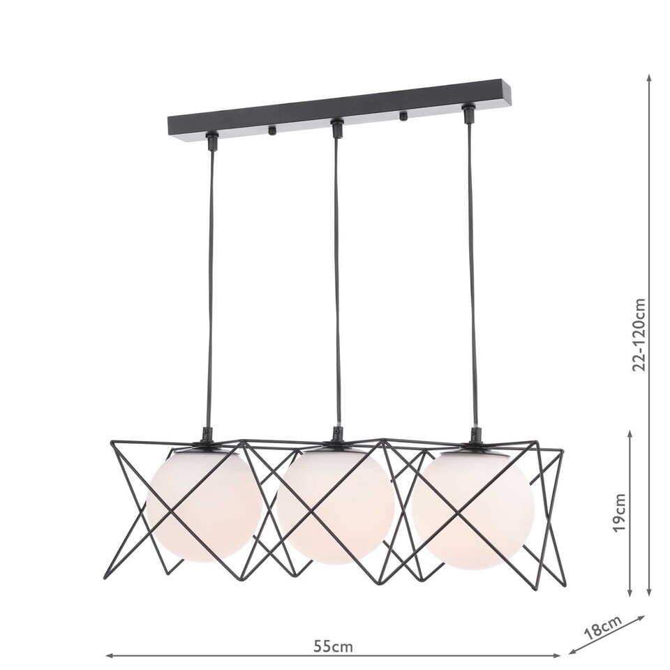 image 1 of Dreyson 3 Light Bar Pendant Matt Black and Opal Glass