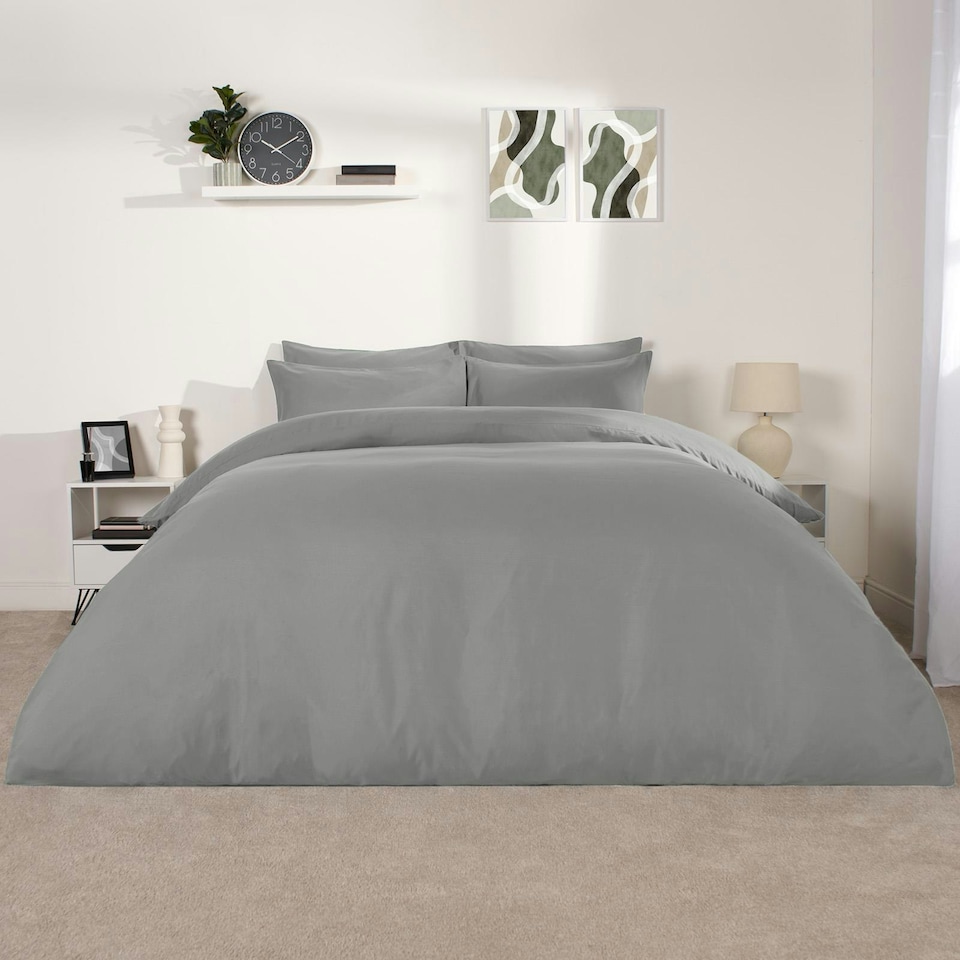 image 1 of OHS Soft Microfibre Plain Duvet Cover and Pillowcase Set, Single - Grey