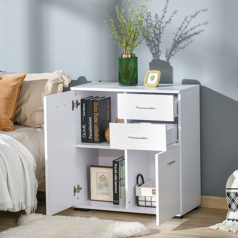 image 1 of HOMCOM Sideboard, Modern Storage Cabinet with 2 Drawers, 2 Doors and Adjustable Shelf, Kitchen Cabinet for Living Room, Dining Room, High Gloss White