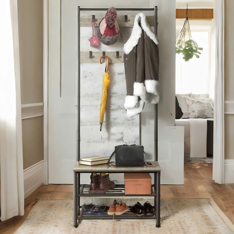 image 1 of Hall Tree Coat Stand With Shoe Storage and Hooks Brown One Size