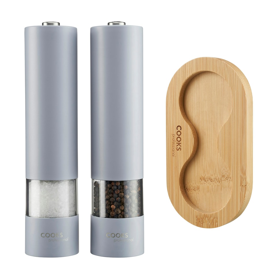 image 1 of Cooks Professional Electric Salt & Pepper Mill Set with Bamboo Base | Adjustable Grind Settings | Simple One-Button Operation | Matt Grey / Bamboo