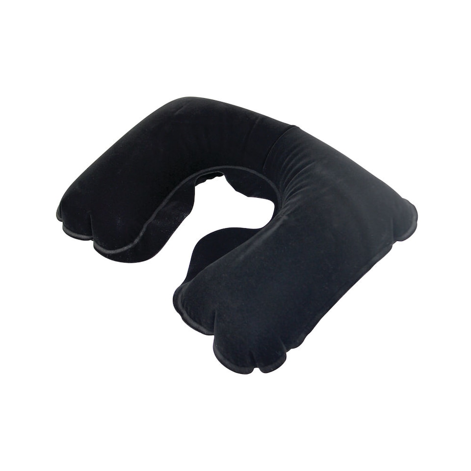 image 1 of Inflatable Travel Neck Pillow Black Soft Velour Air Cushion for Plane Car Train Coach Travel