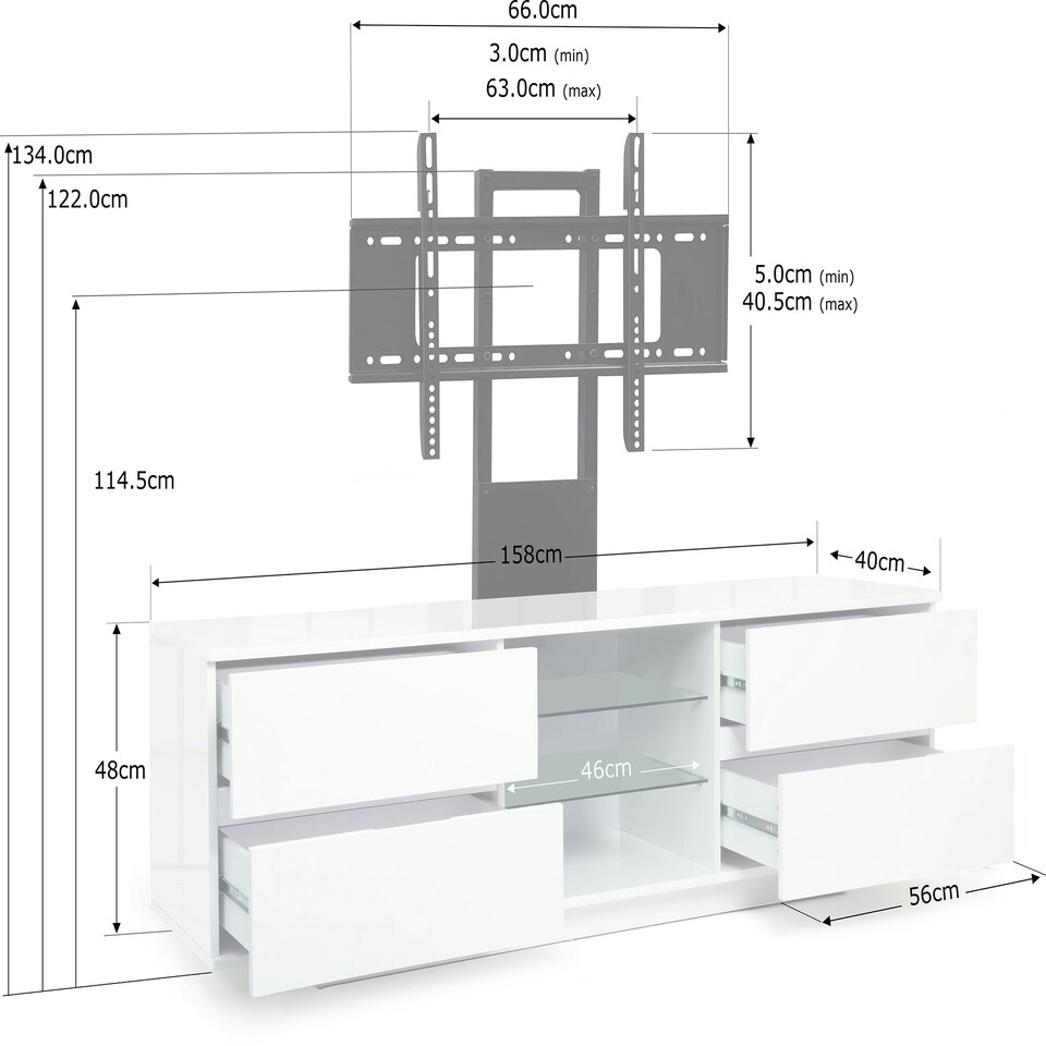 image 1 of Centurion Supports AVITUS ULTRA Gloss White Remote Friendly White Door with 4-White Drawers up to 65" Flat Screen TV Cabinet with Mounting Arm White