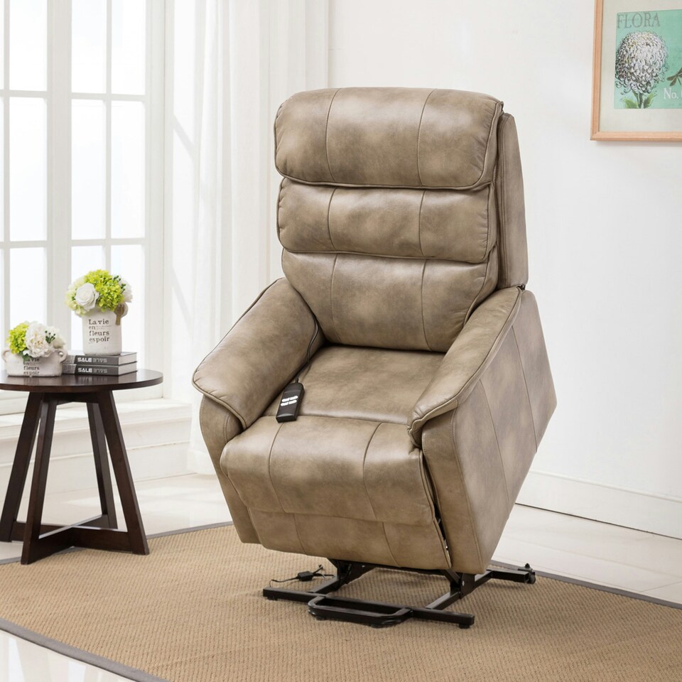 image 1 of Buckingham Dual Motor Electric Rise Recliner Bonded Leather Chair (Stone)