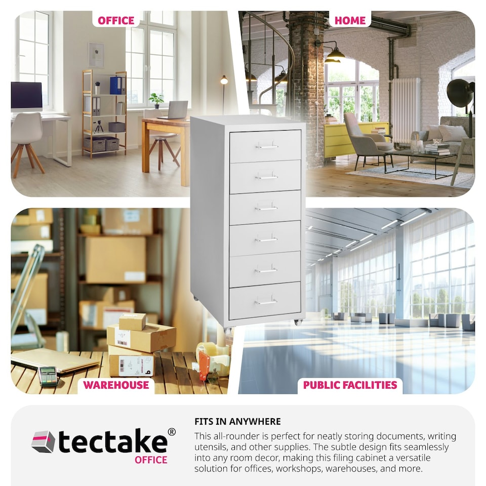 image 1 of Filing Cabinet - made of steel, 4 wheels, 6 drawers, label holders, easy assembly Grey | Light Grey