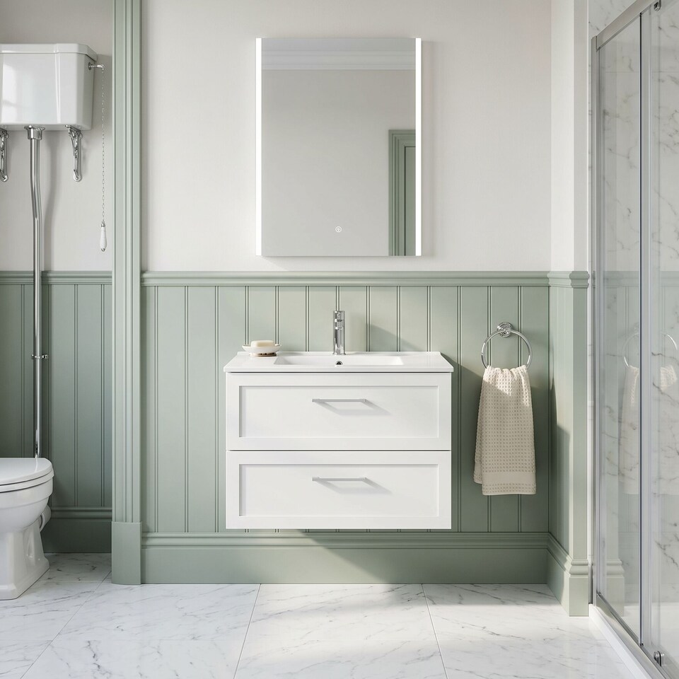 image 1 of Balterley Stonnall Traditional Wall Hung 2 Drawers Vanity Unit with Minimalist Ceramic Basin, 800mm, Matt White