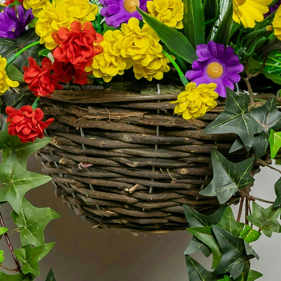 image 1 of Primrose Artificial Wildflower Flowers Hanging Basket Purple Yellow Orange 25cm