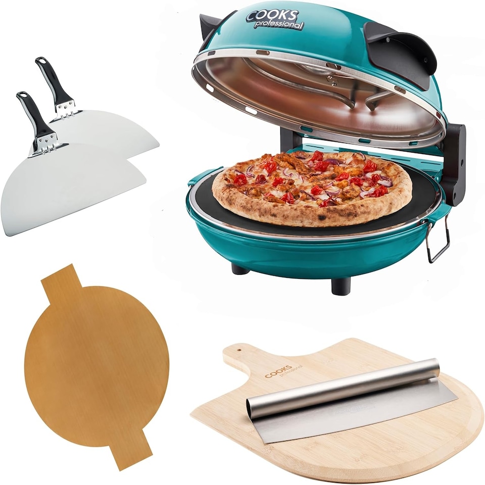 image 1 of Cooks Professional Electric Pizza Oven Set with Board, Paddles, Baking Sheet & Cutter | Blue | Teal