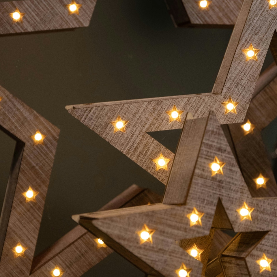 image 1 of Set of 3 Battery Operated Light up Wooden Christmas Stars with Warm White LEDs