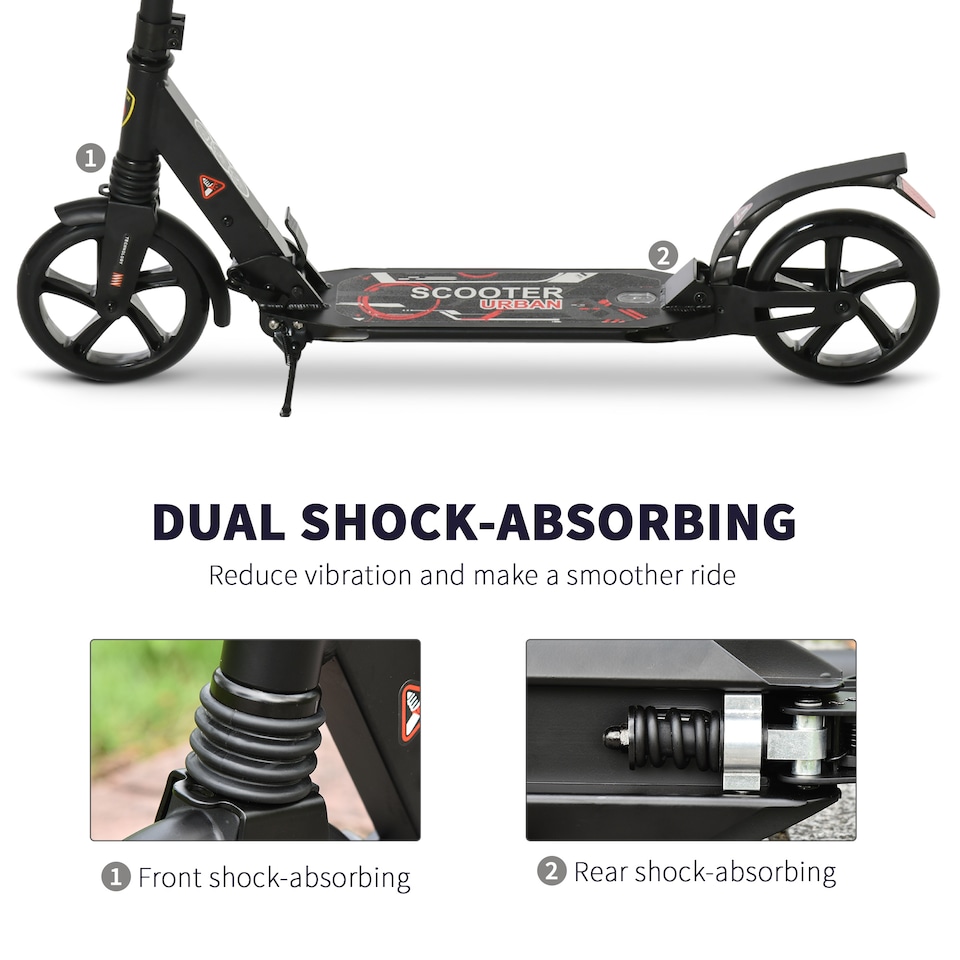 image 1 of HOMCOM Folding Kick Scooter, Adjustable Ride On Scooter with 200mm Big Wheels and Double Shock Absorption, Urban Scooter for 14 older Teens Adult, Black