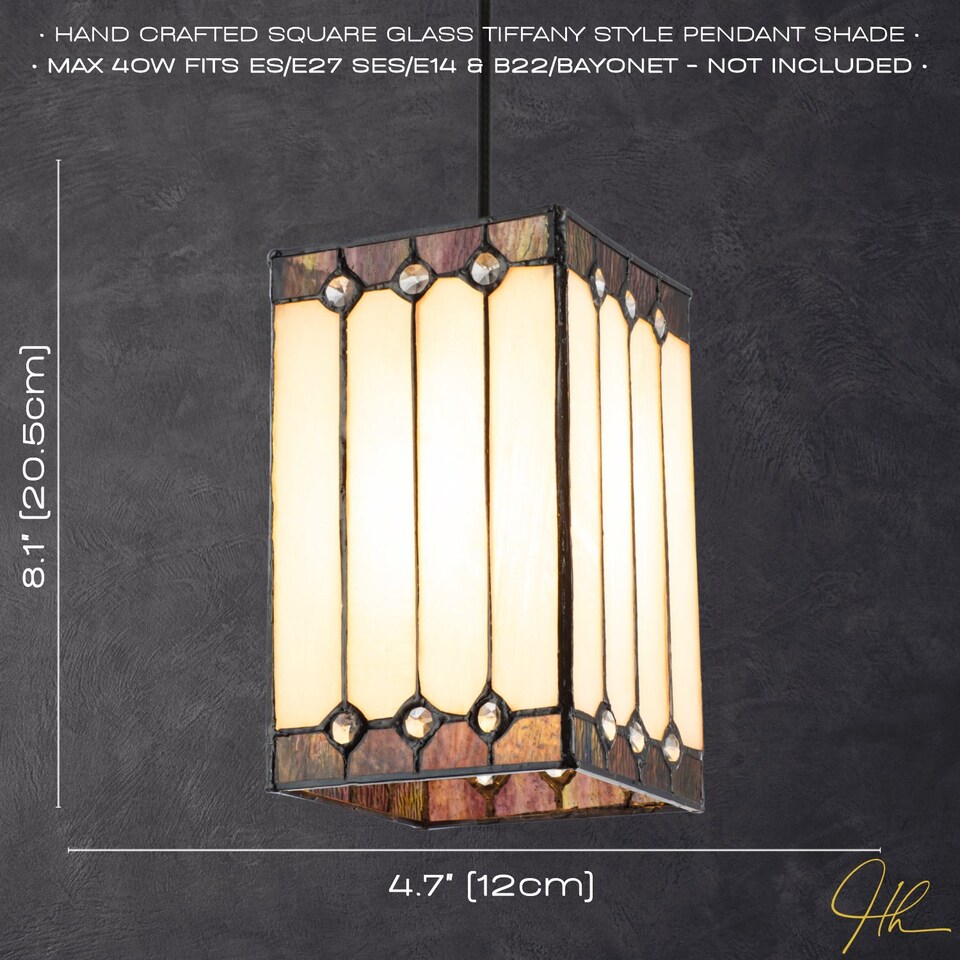 image 1 of Square Lantern Opal White Stained Glass Tiffany Pendant Shade with Clear Beads | White