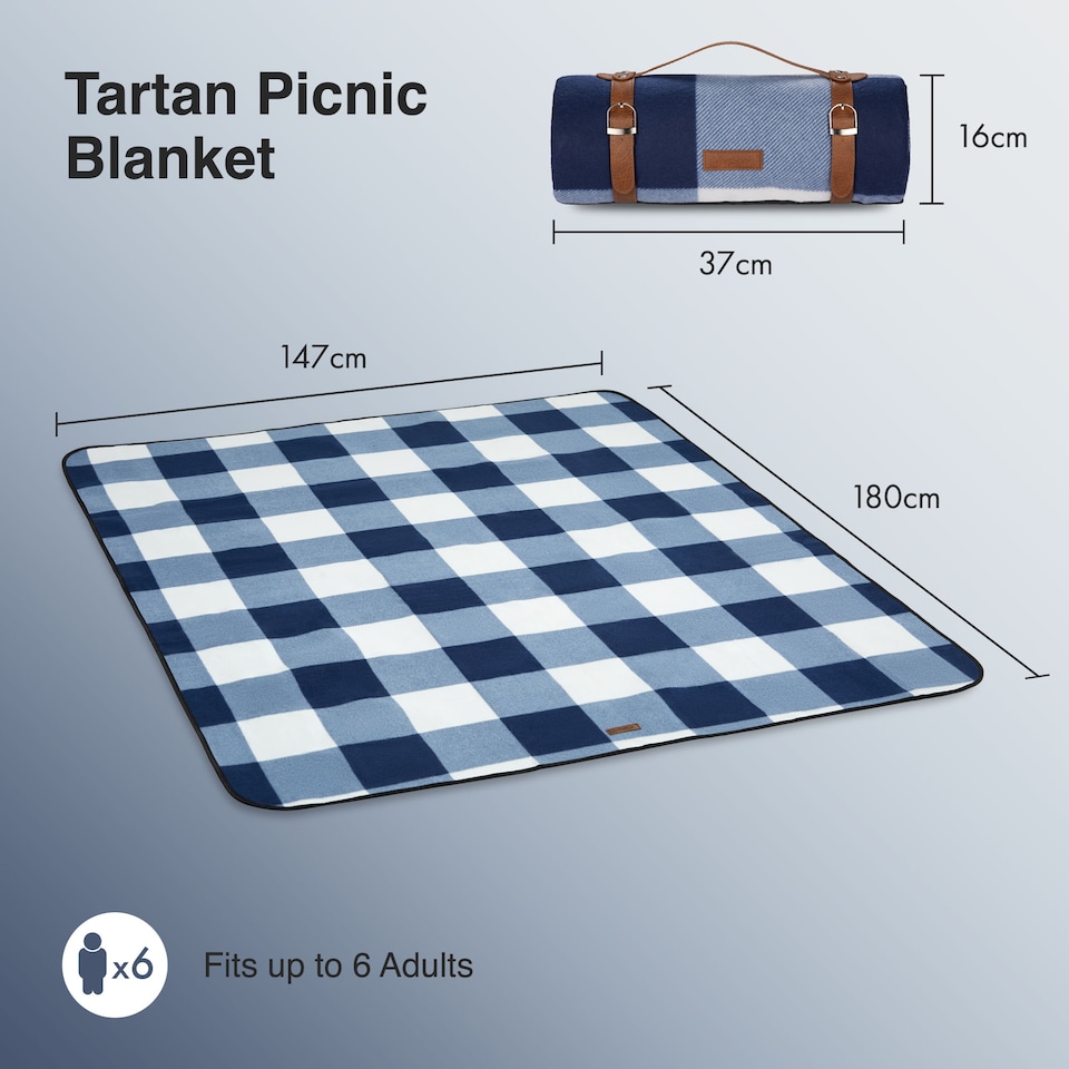 image 1 of VonShef Picnic Blanket Large Navy & White Tartan for Outdoor