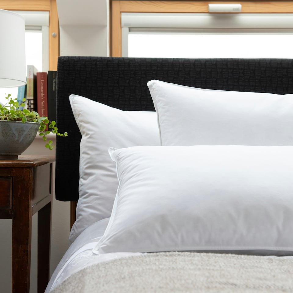 image 1 of Premium Hotel Pillow Pair - Microfibre Satin Stripe Case - Denier Filled - 48 x 74cm | White | White | 48 x 74cm | 2