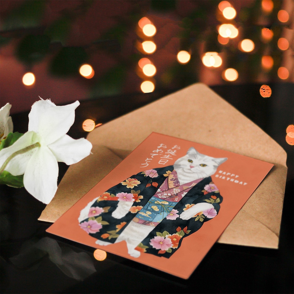 image 1 of White Cat Lover Pet in Floral Japanese Kimono Birthday Card