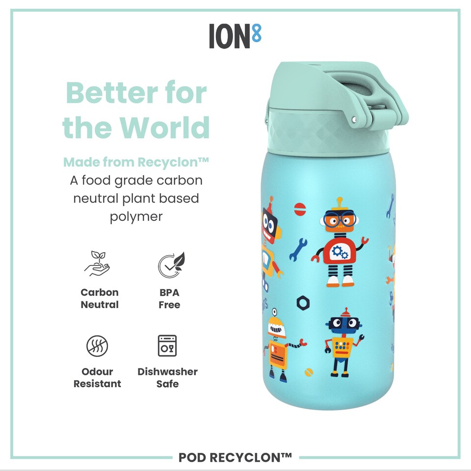 image 1 of Leak Proof Kids Water Bottle, BPA Free, 350ml (12oz) | Blue | Robots | One Size