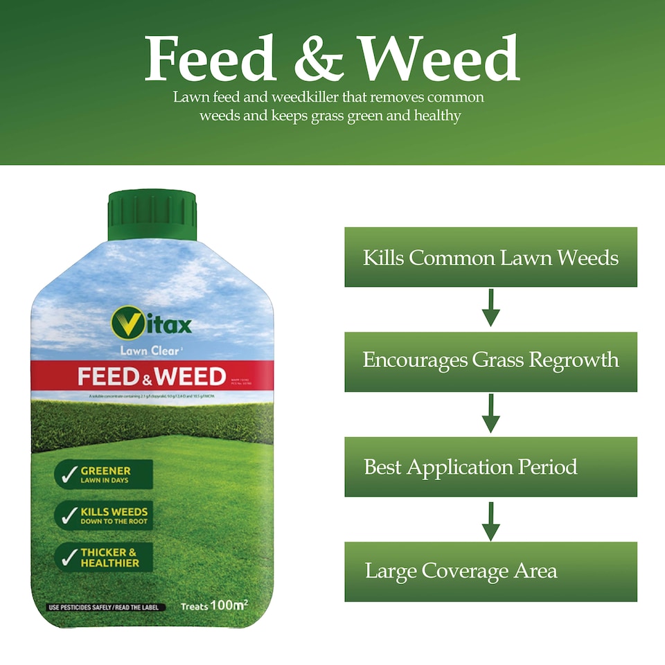 image 1 of Vitax Feed & Weed 500ml Lawn Fertiliser & Weed Control for Strong Healthy Lush Green Lawn with Dense Growth Covers 100 Square Metres