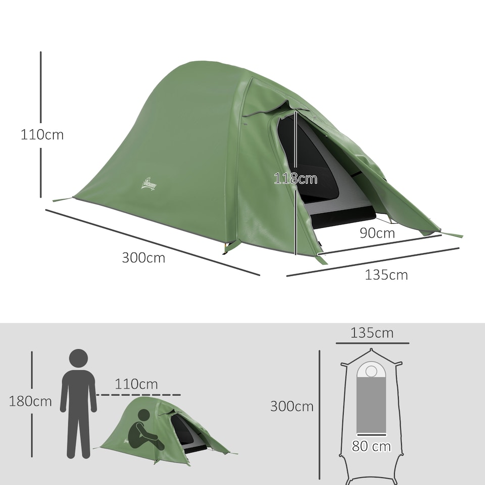 image 1 of Outsunny Double Layer Camping Tent for 1-2 Man, 2000mm Waterproof, Green