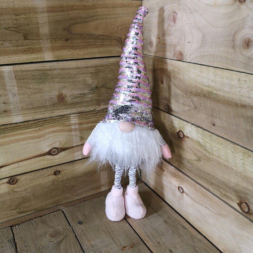 image 1 of 70cm Extendable Leg Grey Pink and White Christmas Gonk with Sequin Hat