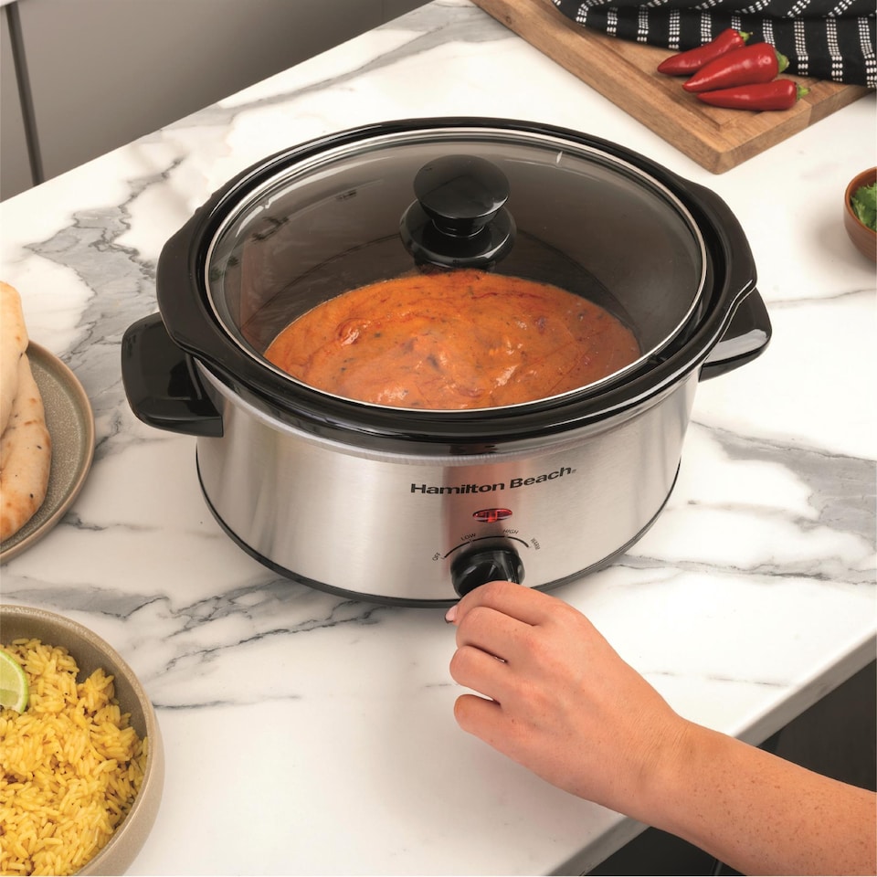 image 1 of Hamilton Beach Slow Cooker, 3.5 Litres, Comfort Cook, 160W, Stainless Steel, Energy-Efficient, Removable Oven-Safe Ceramic Bowl, 3 Heat Settings, Serves 2-4 People, Easy Clean, Silver - HBSC040S