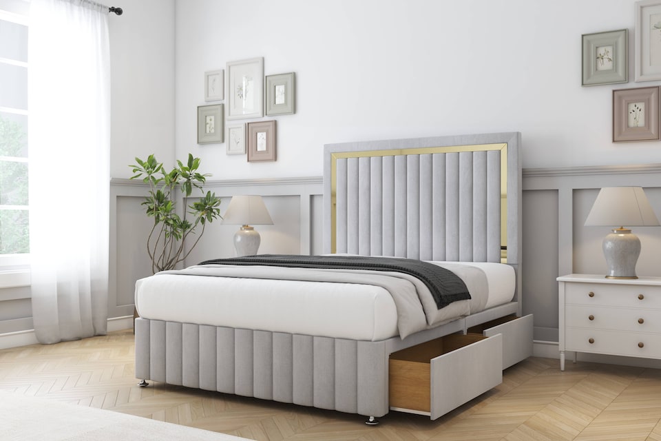 image 1 of Sloomy Boston Gold Silver Naples Divan Bed With Mattress 2 Drawers Right Side With 54" Floor Standing Headboard & 12" Matching Footboard 5' King | Silver | Silver | King | 1