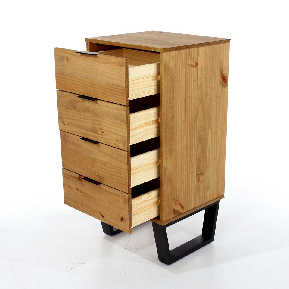 image 1 of Texas 4 Drawer Narrow Chest of Drawers - Industrial Style Pine Bedroom Storage Cabinet with Metal Legs | Brown | Brown | 1