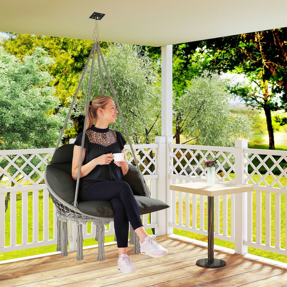 image 1 of Outsunny Hammock Chair, Boho Hanging Swing Chair with Cushion, Dark Grey 