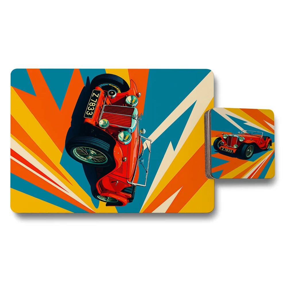 Vintage Car Motif Placemat Coaster Set With Wood Bottom Premium Print Artwork Limited Edition