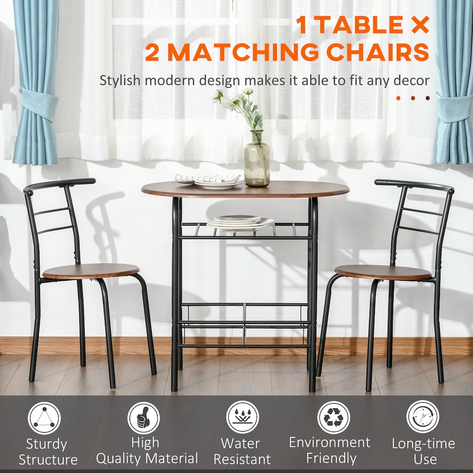 image 1 of HOMCOM Dining Table and Chairs Set 3, Breakfast Bar Table and 2 Chairs with Storage Shelf, Wood-Effect Tabletop, Metal Frame, Dining Room Set for Living Room, Small Space, Natural