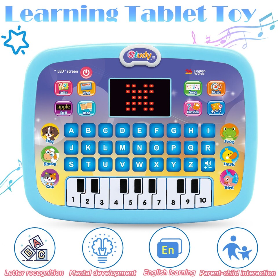 image 1 of Toddler Learning Tablet - Multi-Function Educational Musical Touch Pad with LED Screen, Piano, Animal Sounds, Numbers, Letters, and Quiz Modes for Kids (blue)