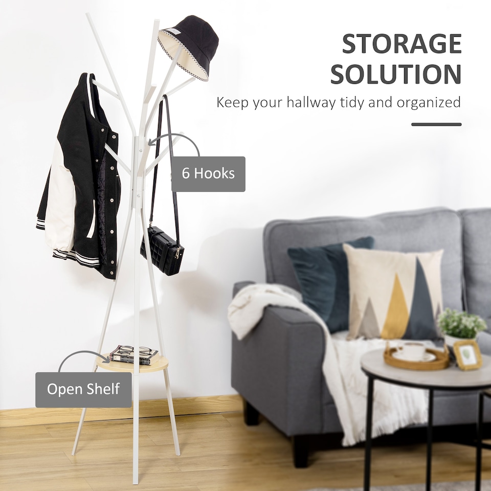 image 1 of HOMCOM Freestanding Metal Coat Rack Stand 9 Hooks Clothes Tree with 1 Shelf Hat Display Hall Tree Hanger Bag Umbrella Hanging Organiser White
