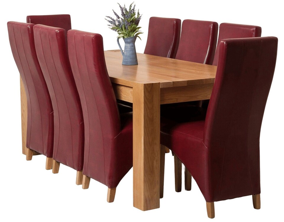image 1 of Kuba 180 x 90 cm Chunky Oak Dining Table and 8 Lola Leather Chairs | Red | Red | 1