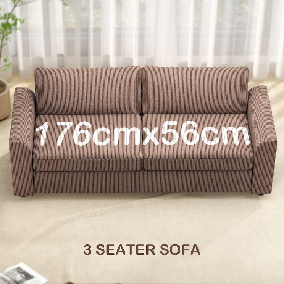 image 1 of HOMCOM 212 cm Upholstered Jumbo Cord Sofa Couch with Spring Cushion, Coffee | Brown | Brown