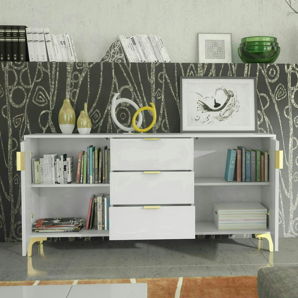 image 1 of Bold sideboard 140cm white ribbed fronts gold accents White