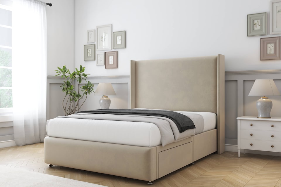 image 1 of Sloomy Stratford Almond Coniston Divan Bed Base 2 Drawers Foot-End With 54 Inch Wingback Headboard & 12 Inch Matching Footboard | Cream | Almond | Double | 1