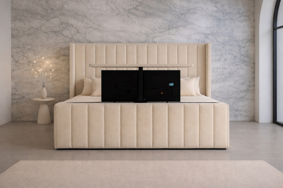 image 1 of Tv Bed 5ft Kingsize Cream Plush Frame Only With 54inch Headboard Solid Bed