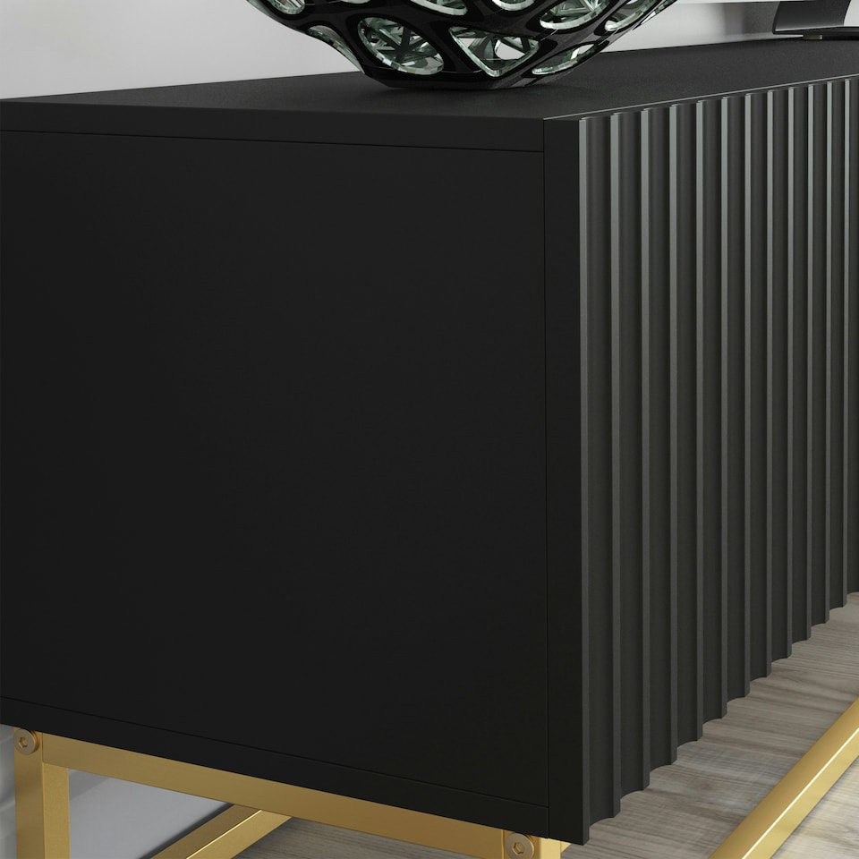 image 1 of Modular TV Unit 200cm Black Matt with Fluted Fronts and Gold Base Black