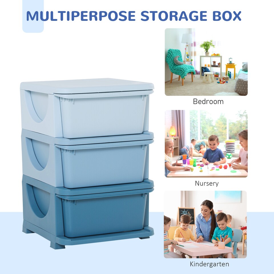 image 1 of HOMCOM Kids Storage Units with Drawers 3 Tier Chest Dresser Tower Blue