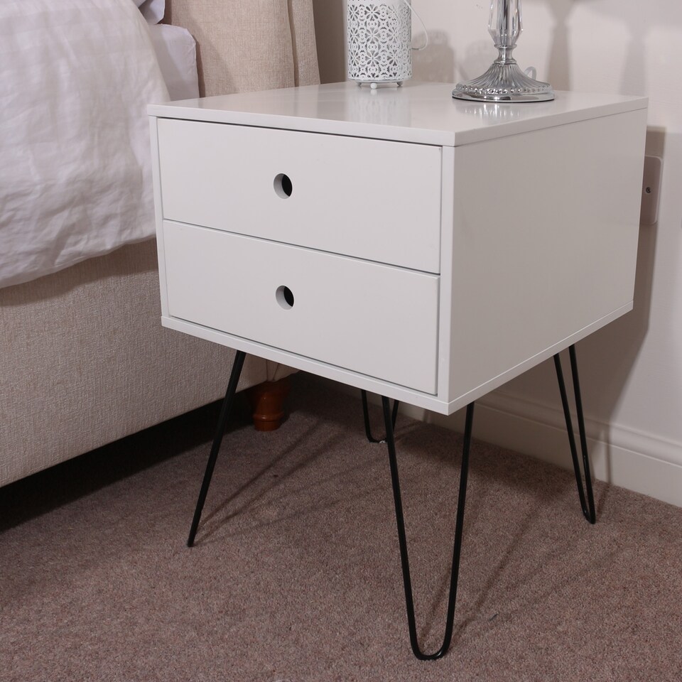 image 1 of Options Telford 2 Drawer Bedside Cabinet - Contemporary Painted Nightstand with Metal Hairpin Legs | White | White | One Size | 1