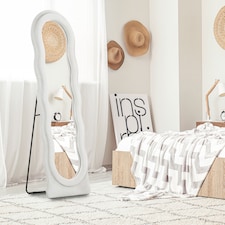 HOMCOM Irregular Wavy Mirror Full Length, 160 x 50cm Free Standing, Leaning or Wall Mirror with Velvet Wrapped Frame and Arched Top for Living Room, Bedroom, White