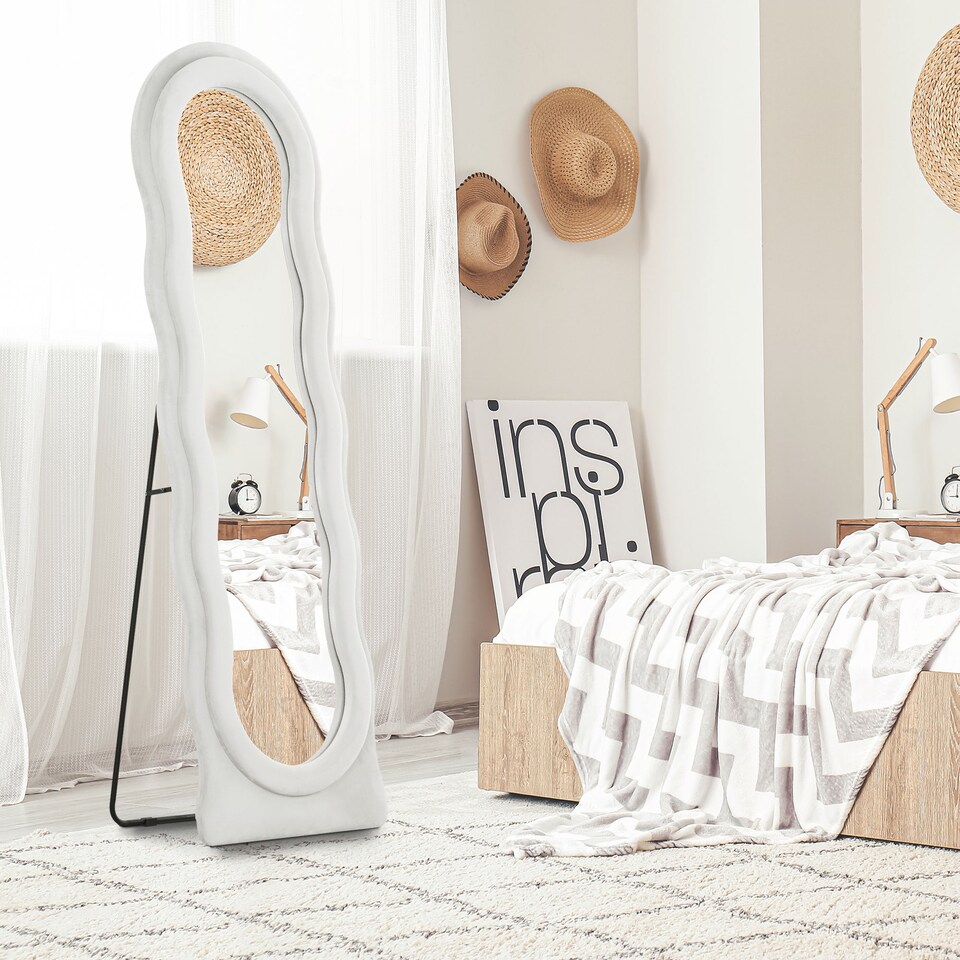 image 1 of HOMCOM Irregular Wavy Mirror Full Length, 160 x 50cm Free Standing, Leaning or Wall Mirror with Velvet Wrapped Frame and Arched Top for Living Room, Bedroom, White